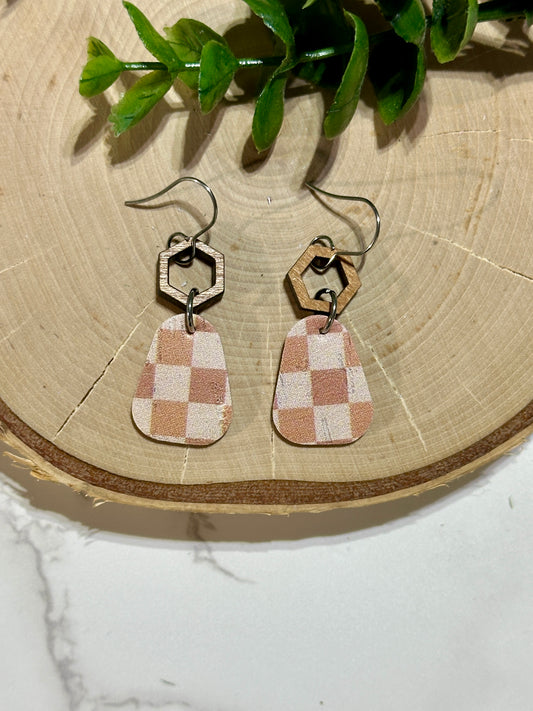 Mini Rounded Triangle/Connector Earrings - Rust Checkered