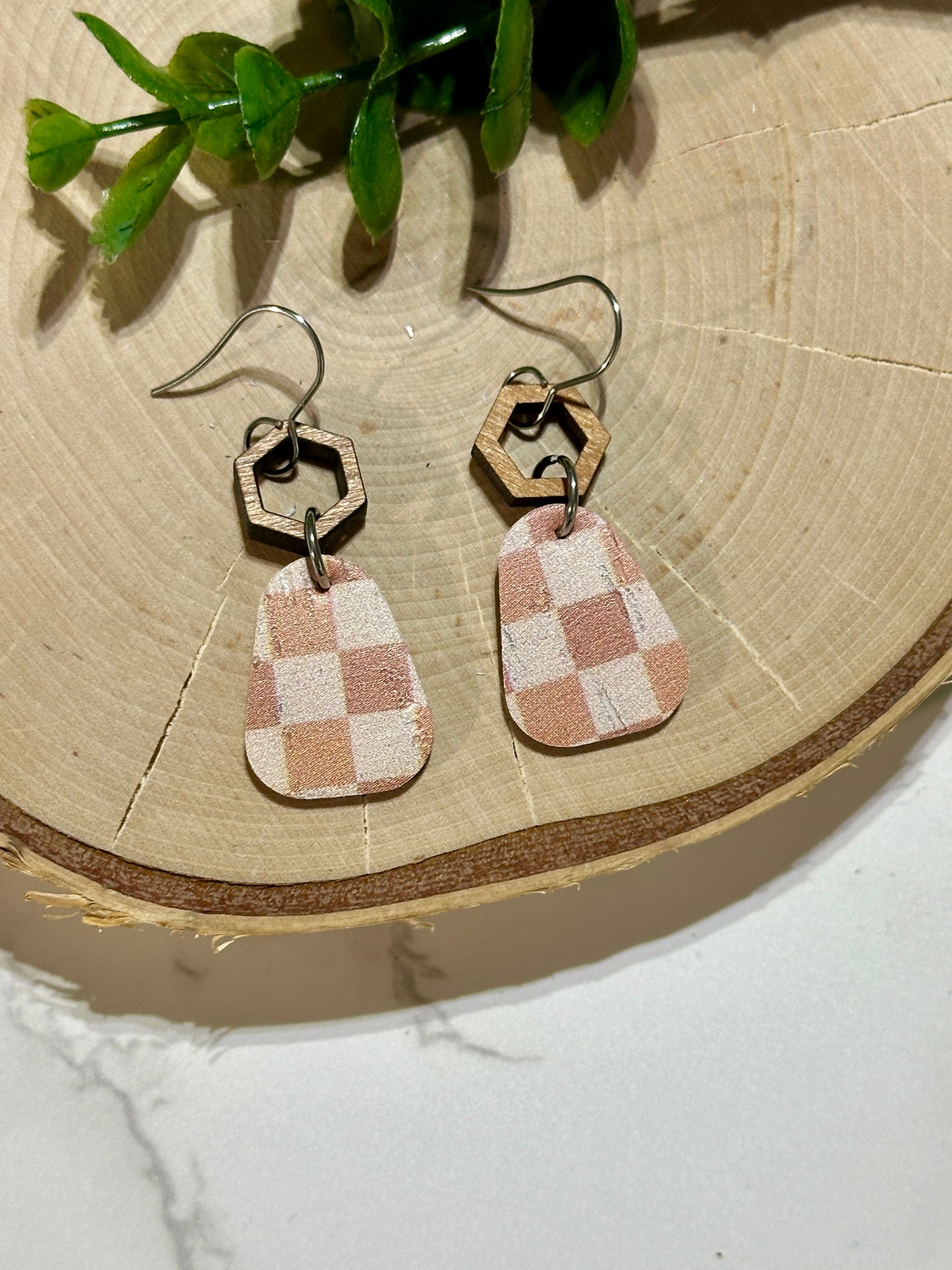Mini Rounded Triangle/Connector Earrings - Rust Checkered