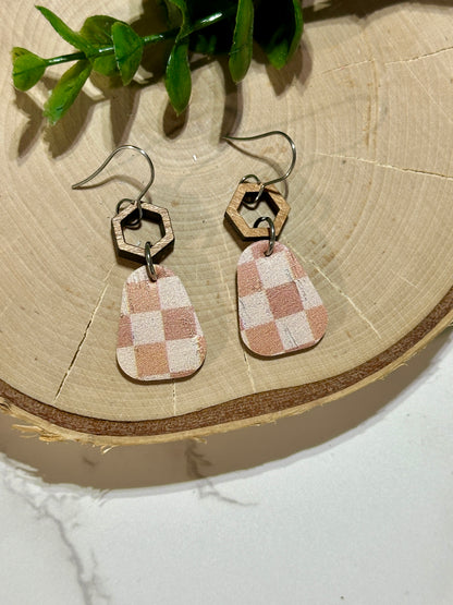 Mini Rounded Triangle/Connector Earrings - Rust Checkered