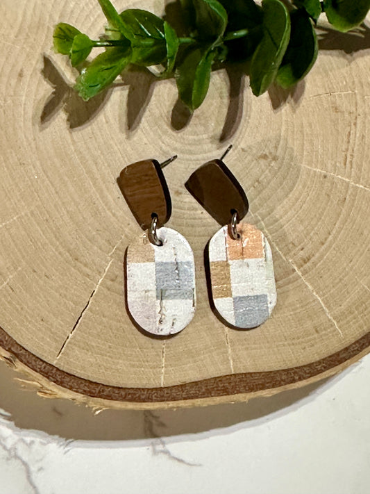 Mini Oval/Connector Earrings - Boho Fall Checkered