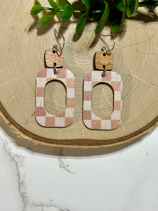 Open Rounded Rectangle Earrings - Rust Checkered