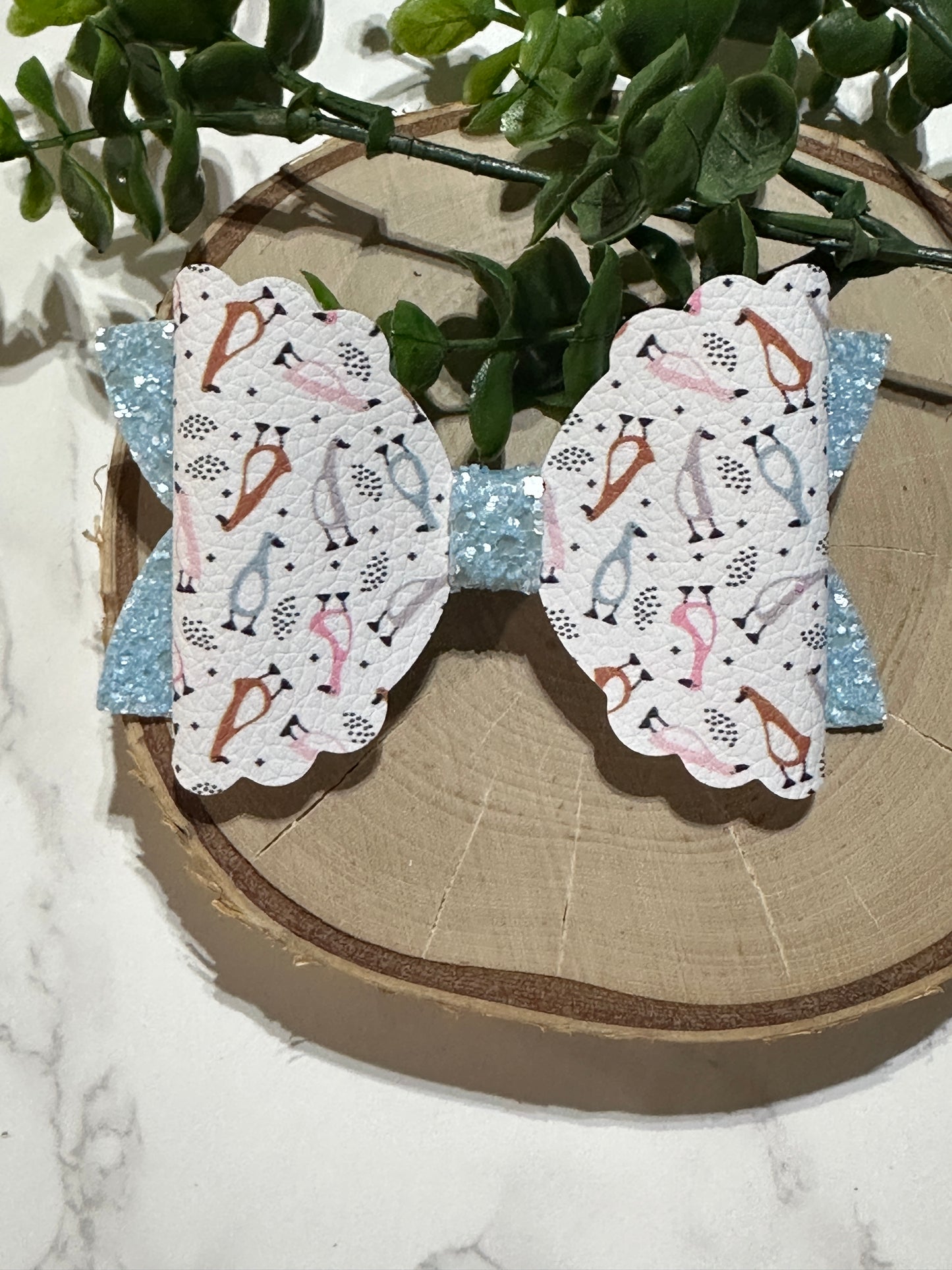 Penguin/Blue Glitter Hair Bow