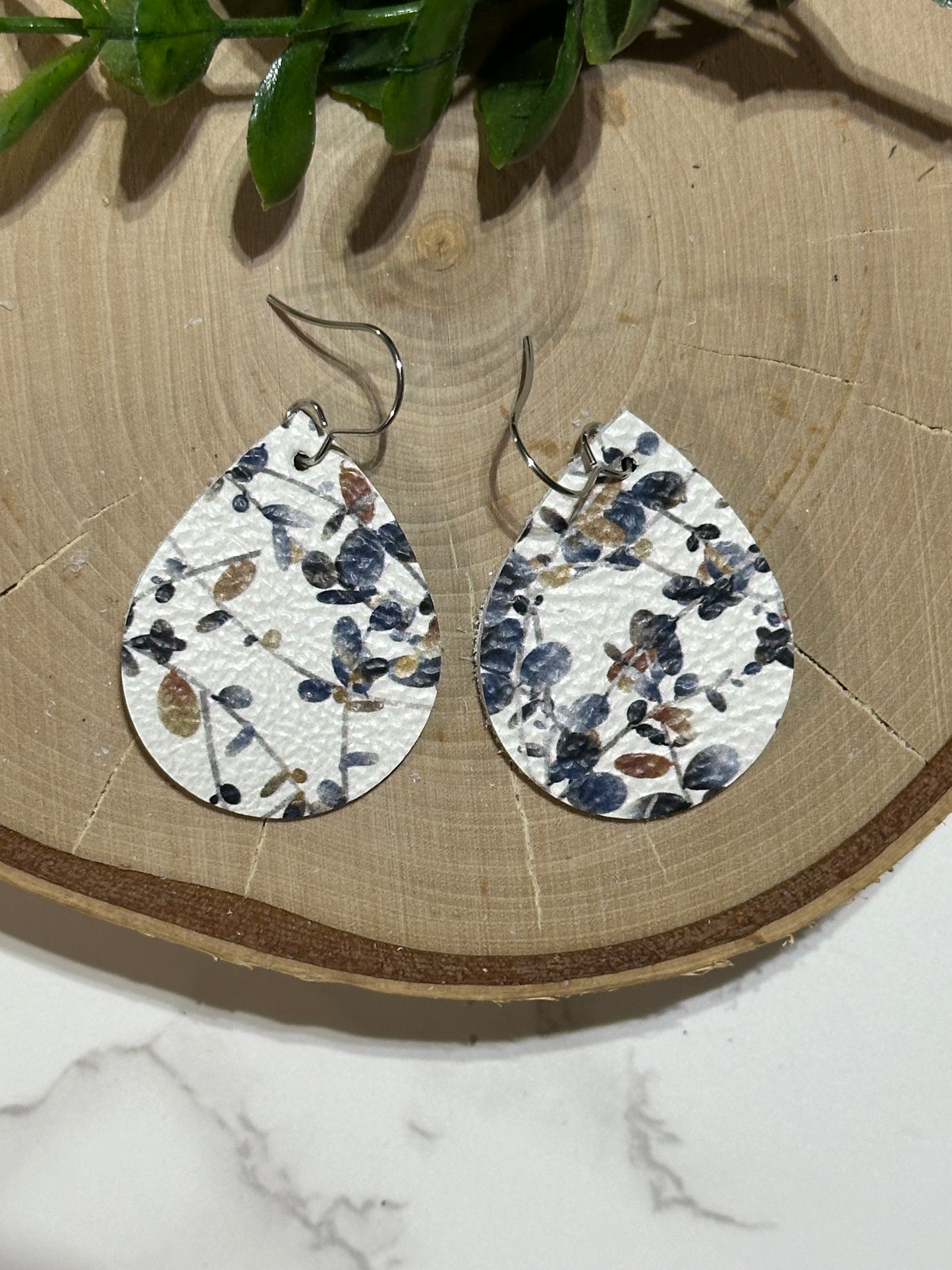 Small Teardrop Earrings - Blue/Brown Floral