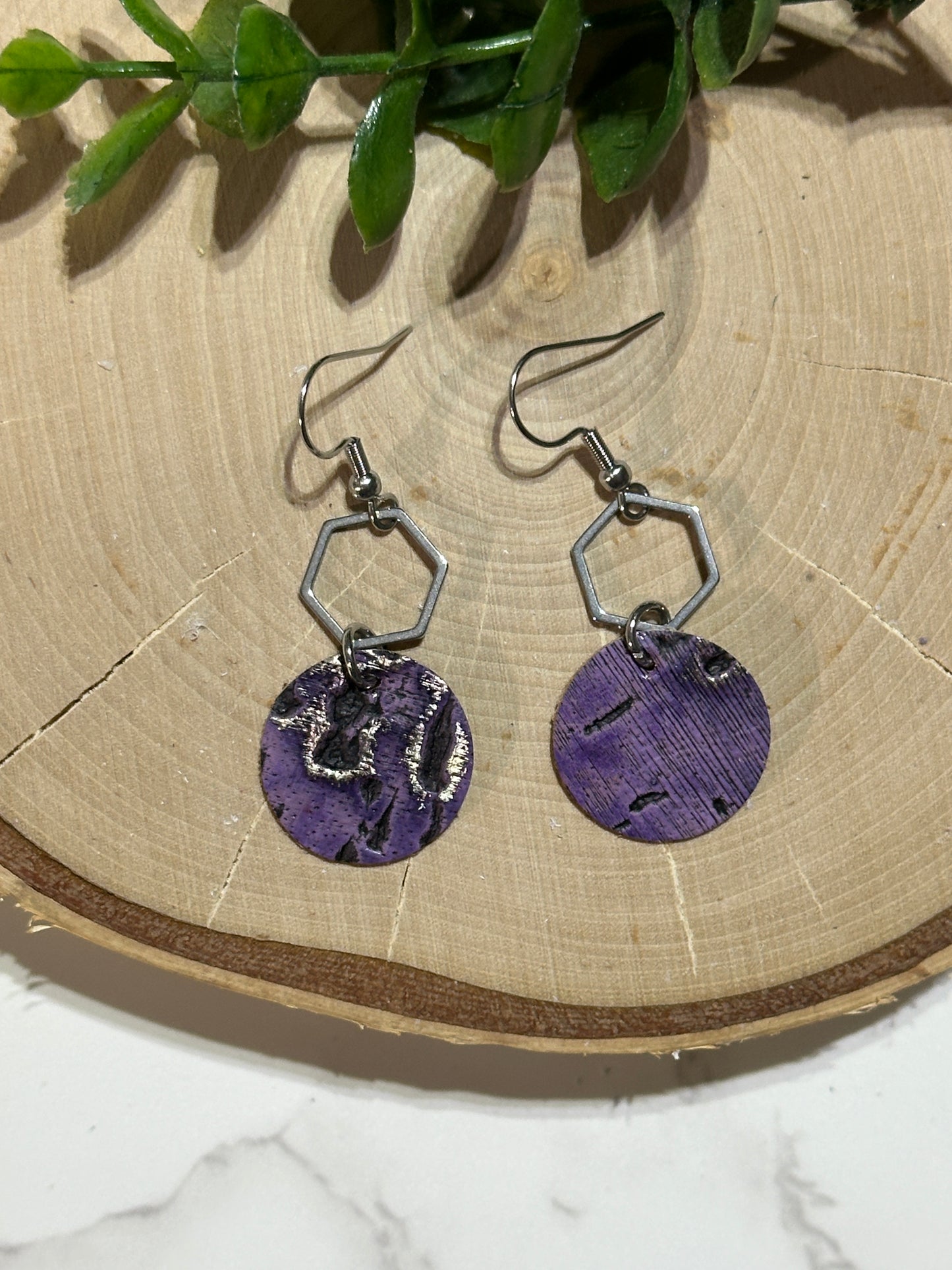 Circle/Hexagon Connector Earrings - Purple Cork