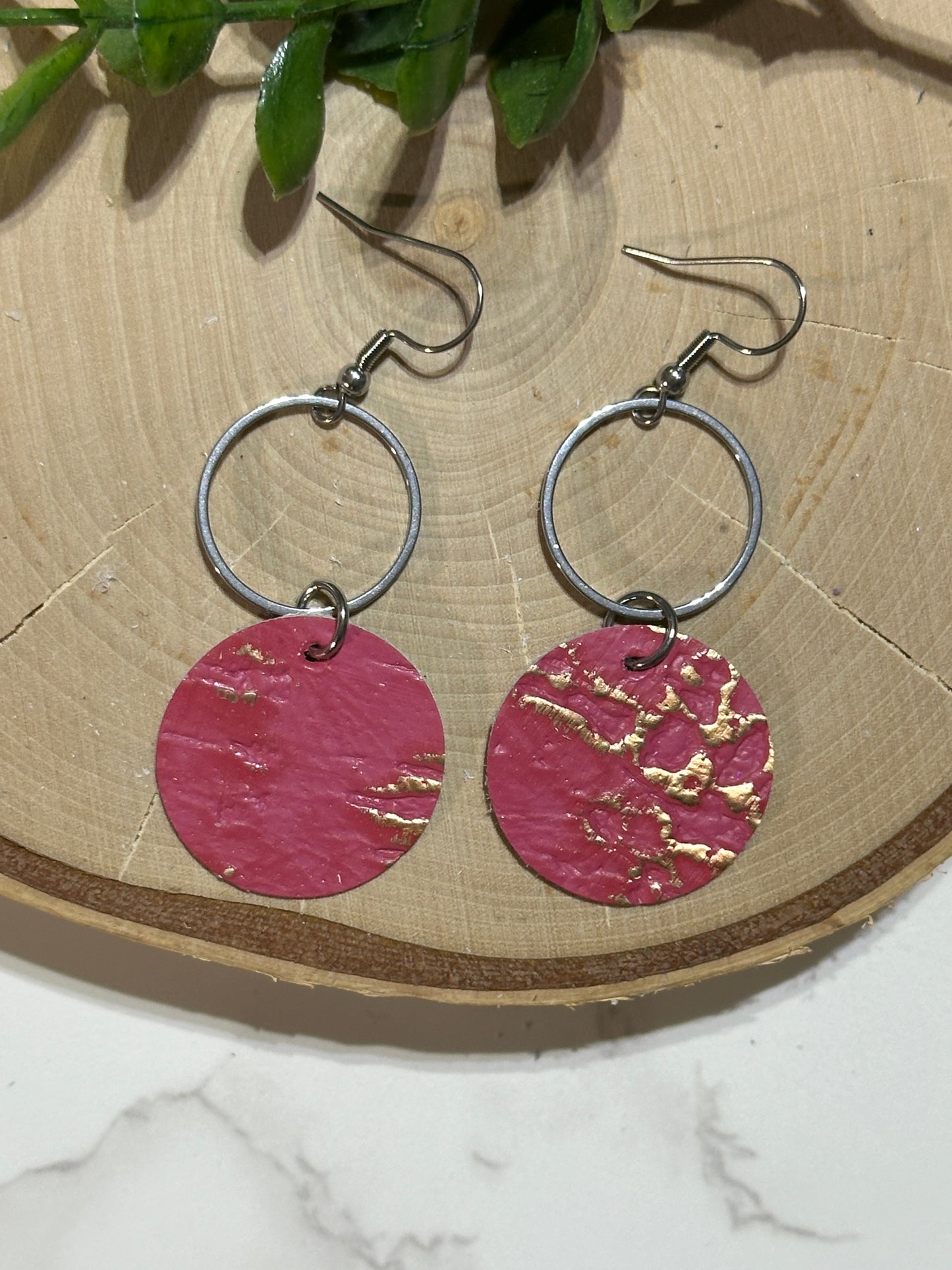 Circle/Circle Connector Earrings - Pink Cork