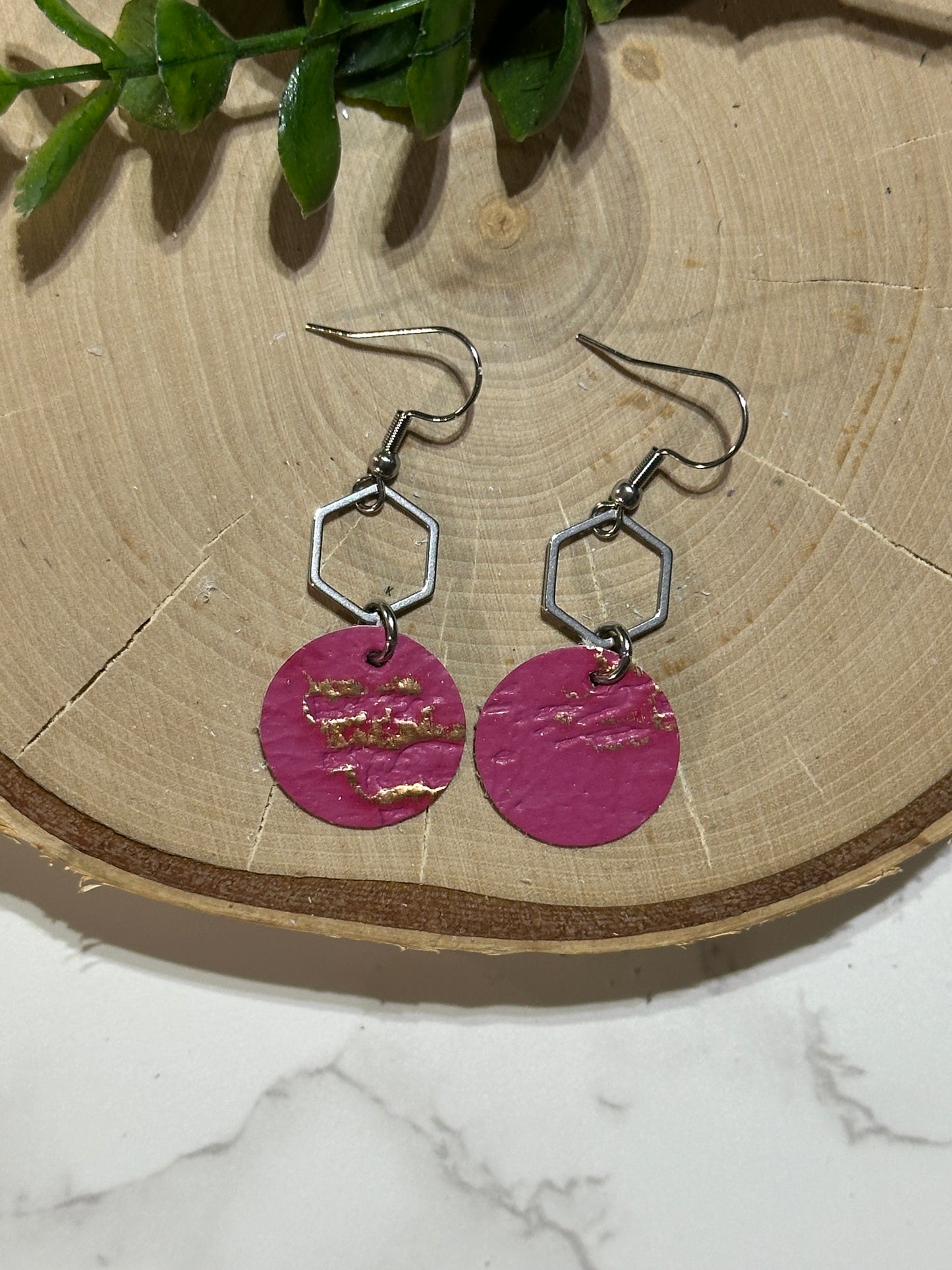 Circle/Hexagon Connector Earrings - Pink Cork