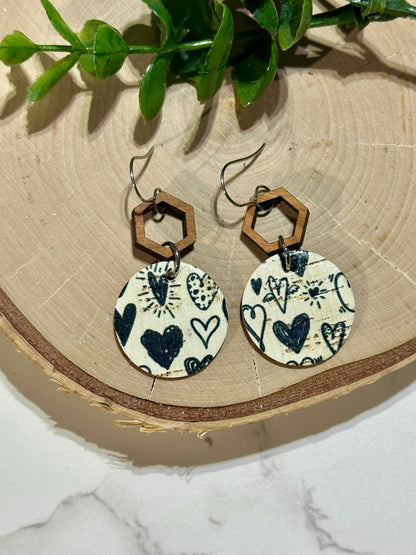 Circle/Connector Earrings - Scribble Black Hearts