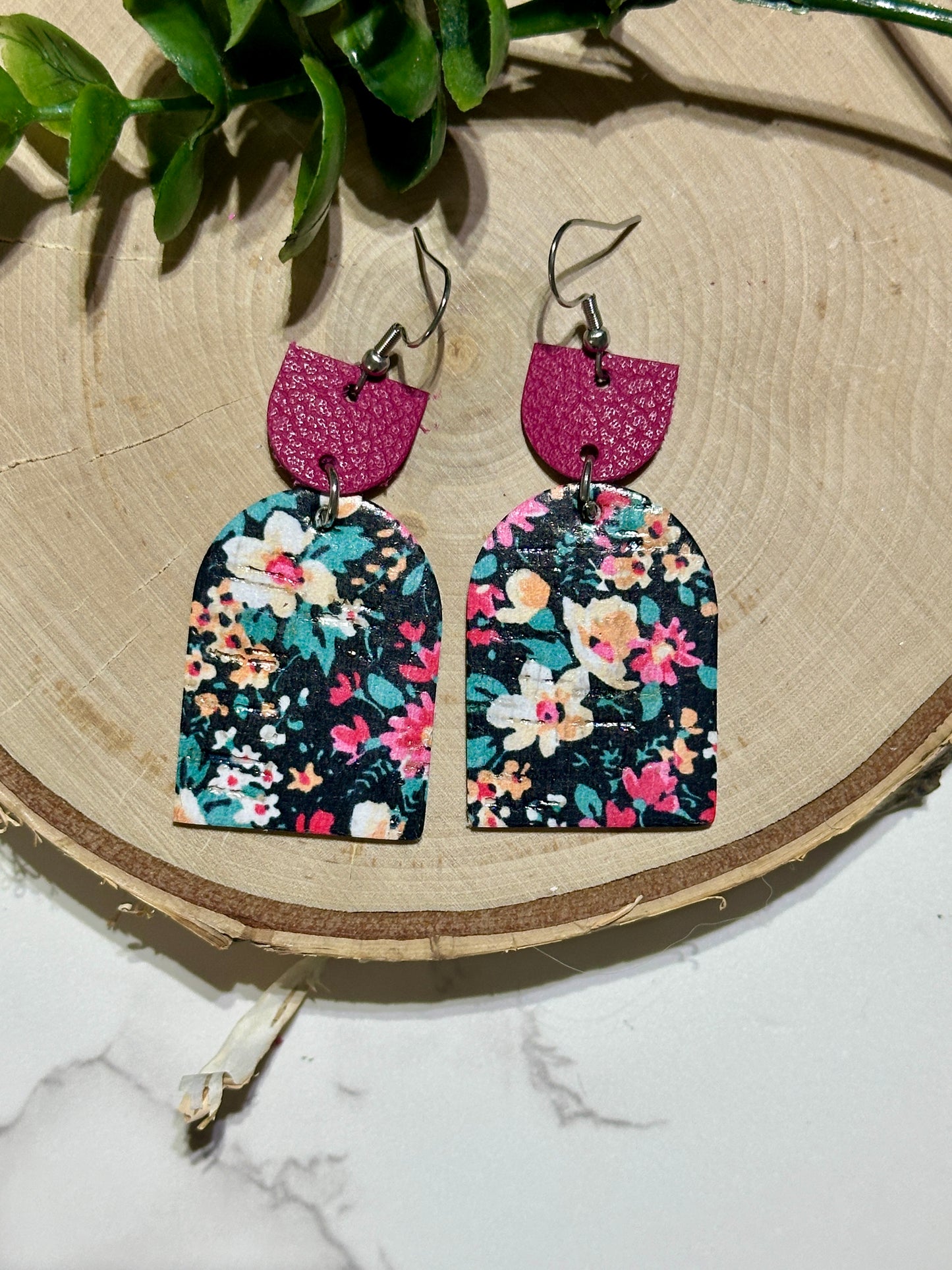 Closed Arch Earrings - Bright Pink Floral