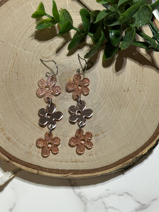 Triple Layer Rose Gold Glitter/Metallic Flower Earrings