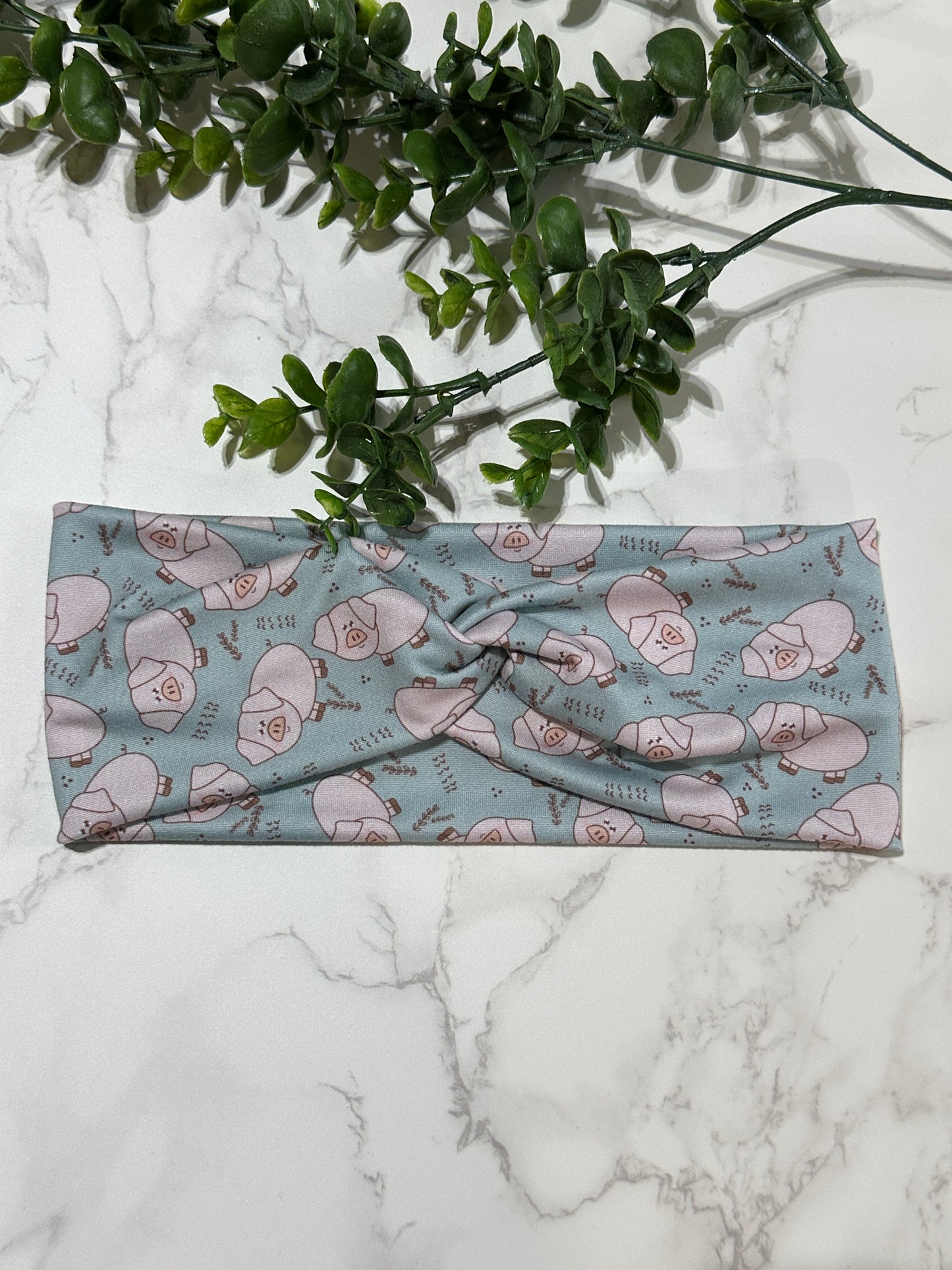 Pigs on Light Blue Twist Headband
