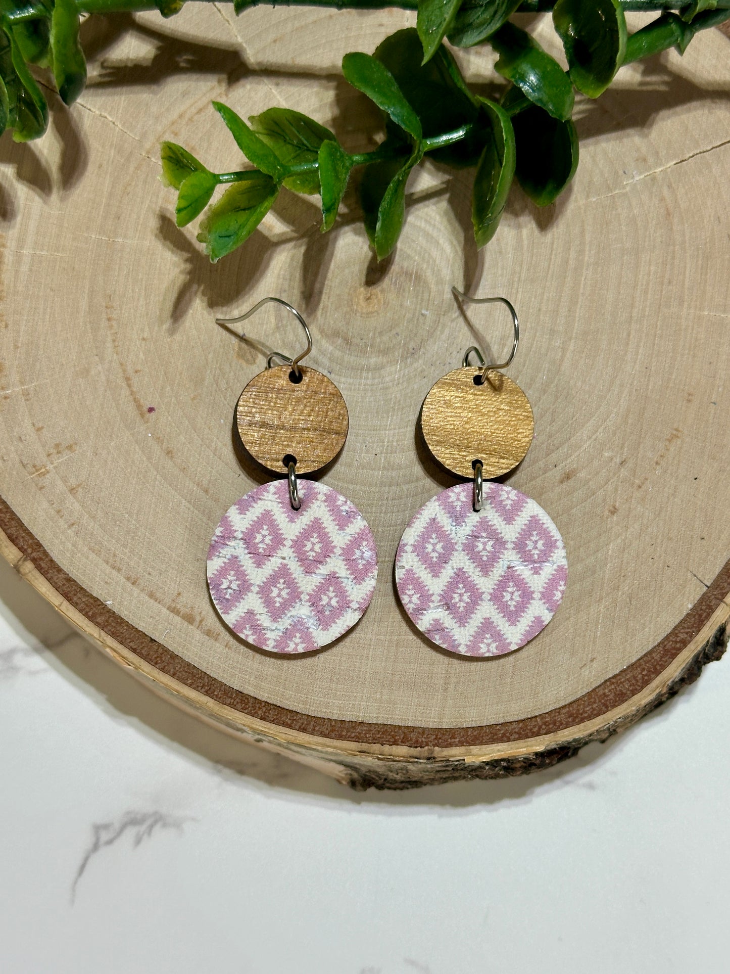 Circle/Connector Earrings - Pink Geometric