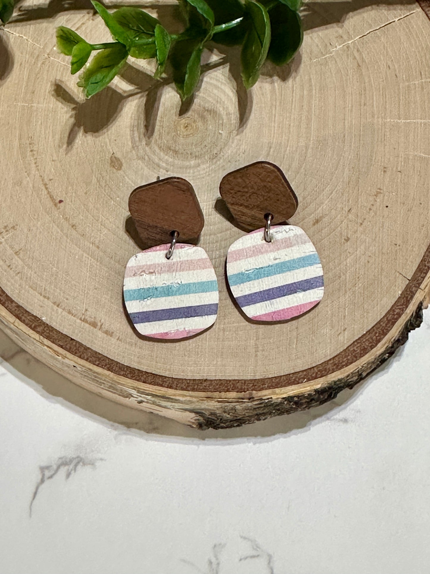 Rounded Square/Connector Earrings - Pastel Stripes