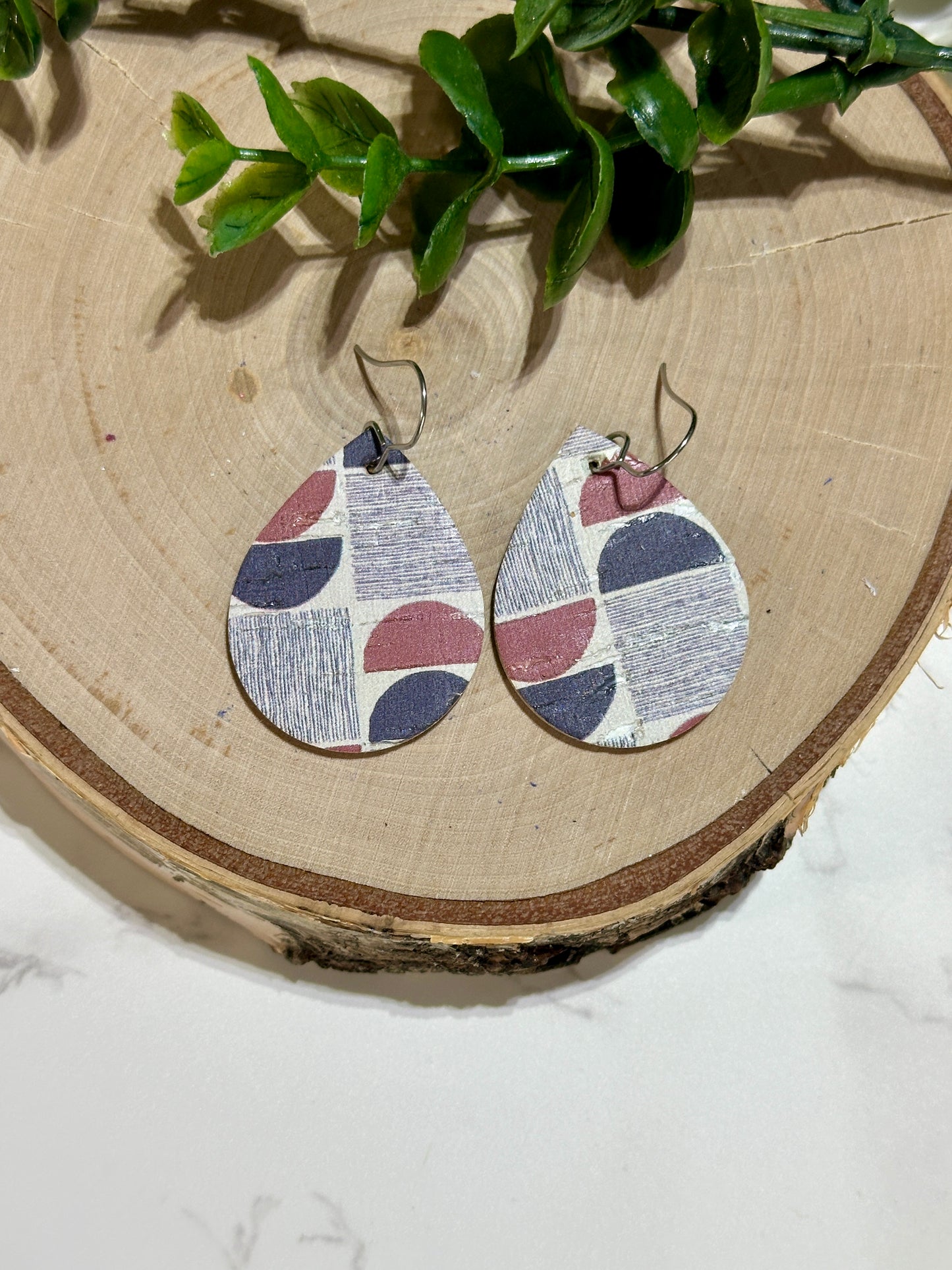Small Teardrop Earrings - Navy/Burgundy Geometric