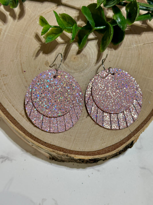 Double Circle Fringe Earrings - Pink Sparkle