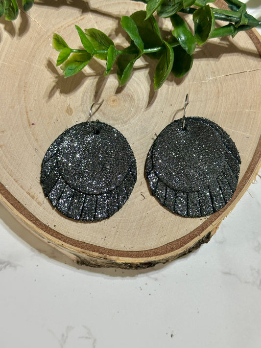 Double Circle Fringe Earrings - Black Sparkle