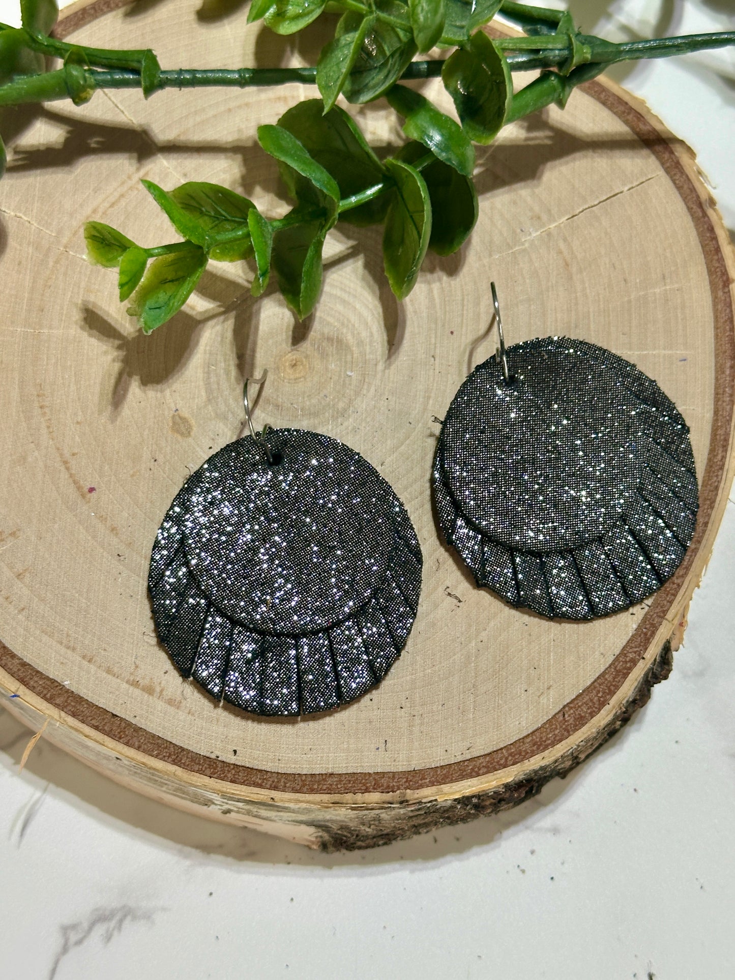 Double Circle Fringe Earrings - Black Sparkle