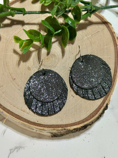 Double Circle Fringe Earrings - Black Sparkle