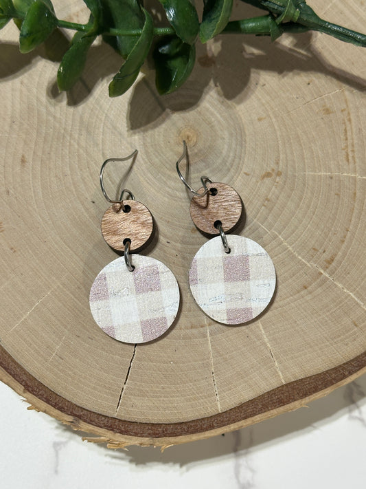 Small Circle/Connector Earrings - Pink/Mauve Checkered