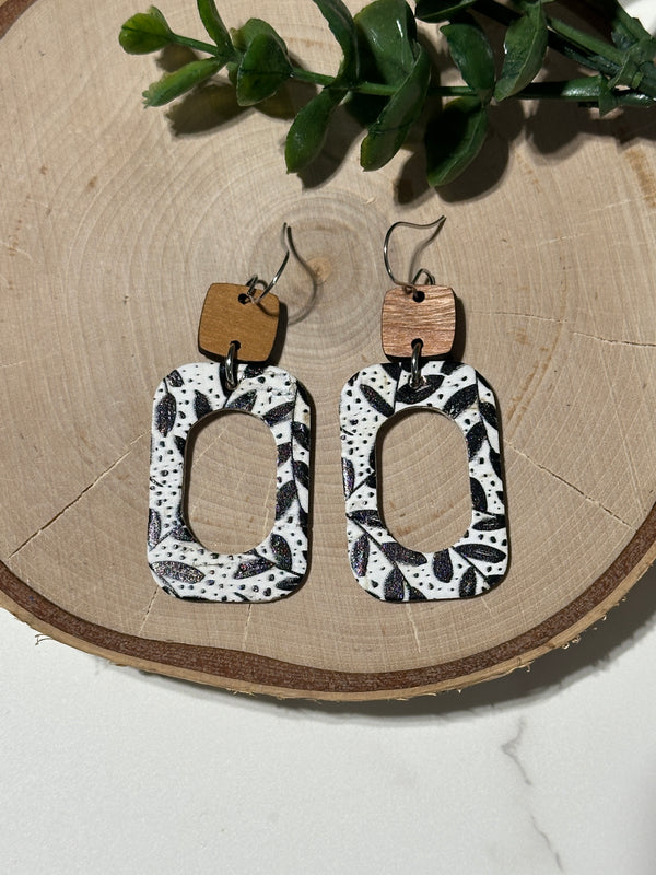 Open Rounded Rectangle/Connector Earrings - Black Floral
