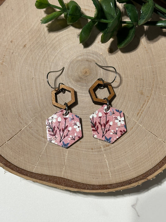 Hexagon/Connector Earrings - White/Blue Flowers on Pink