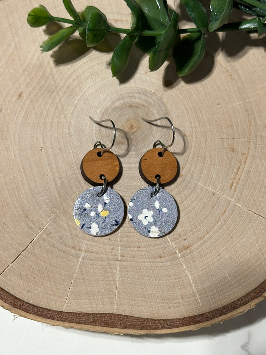 Mini Circles/Connector Earrings - Floral on Grey/Blue