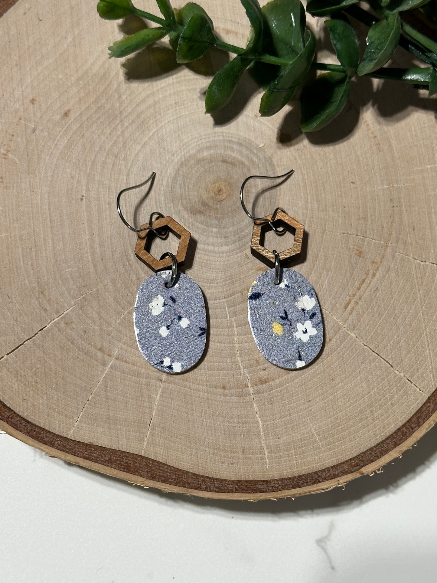 Mini Ovals/Connector Earrings - Floral on Grey/Blue