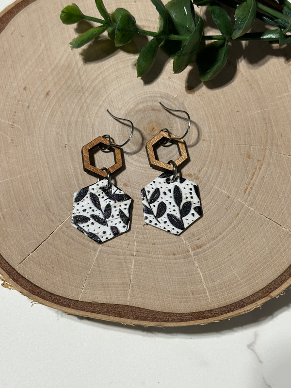 Hexagon/Connector Earrings - Black Floral