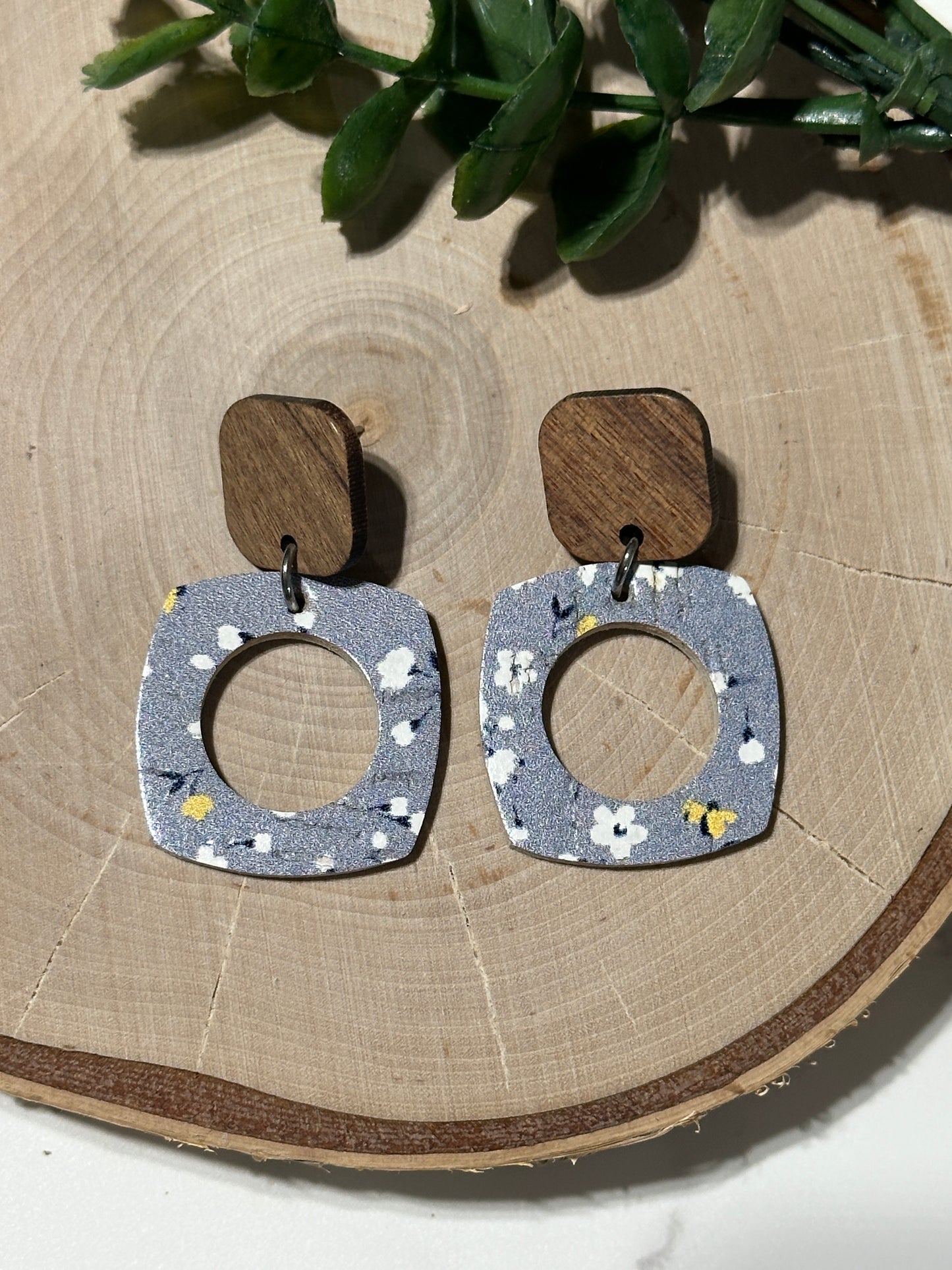 Open Rounded Squares/Connector Earrings - Floral on Grey/Blue
