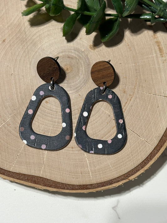 Open Rounded Triangle/Connector Earrings - Neutral/Purple Dots on Black