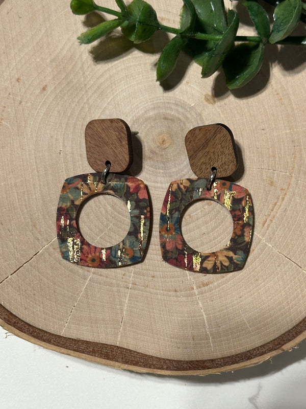 Open Rounded Squares/Connector Earrings - Autumn Flowers/Gold Specks