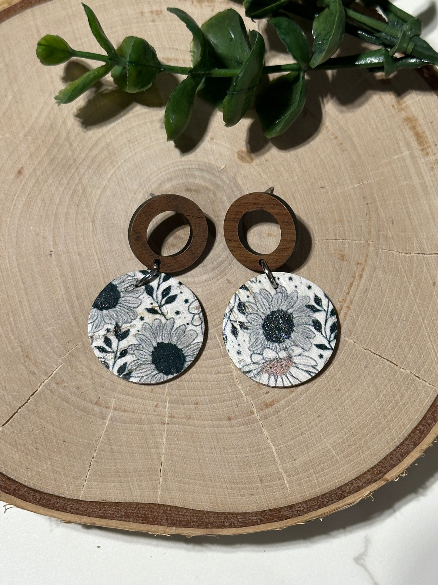 Small Circle/Connector Earrings - Black Sunflowers