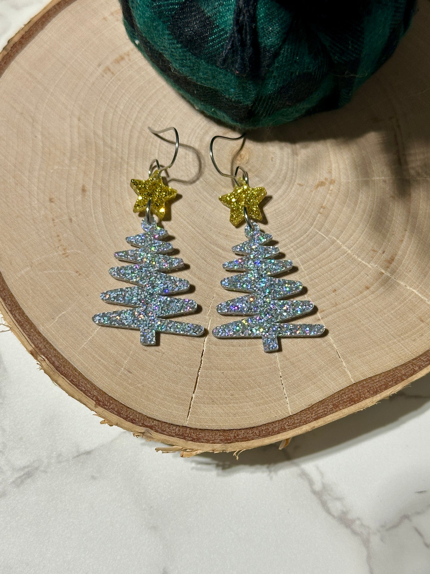 Squiggly 1.25” Tree and Star Earrings - Silver Glitter