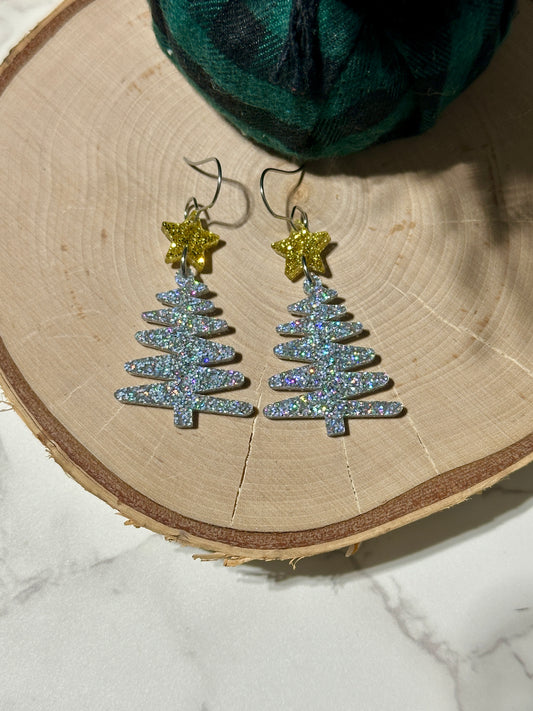 Squiggly 1.25” Tree and Star Earrings - Silver Glitter
