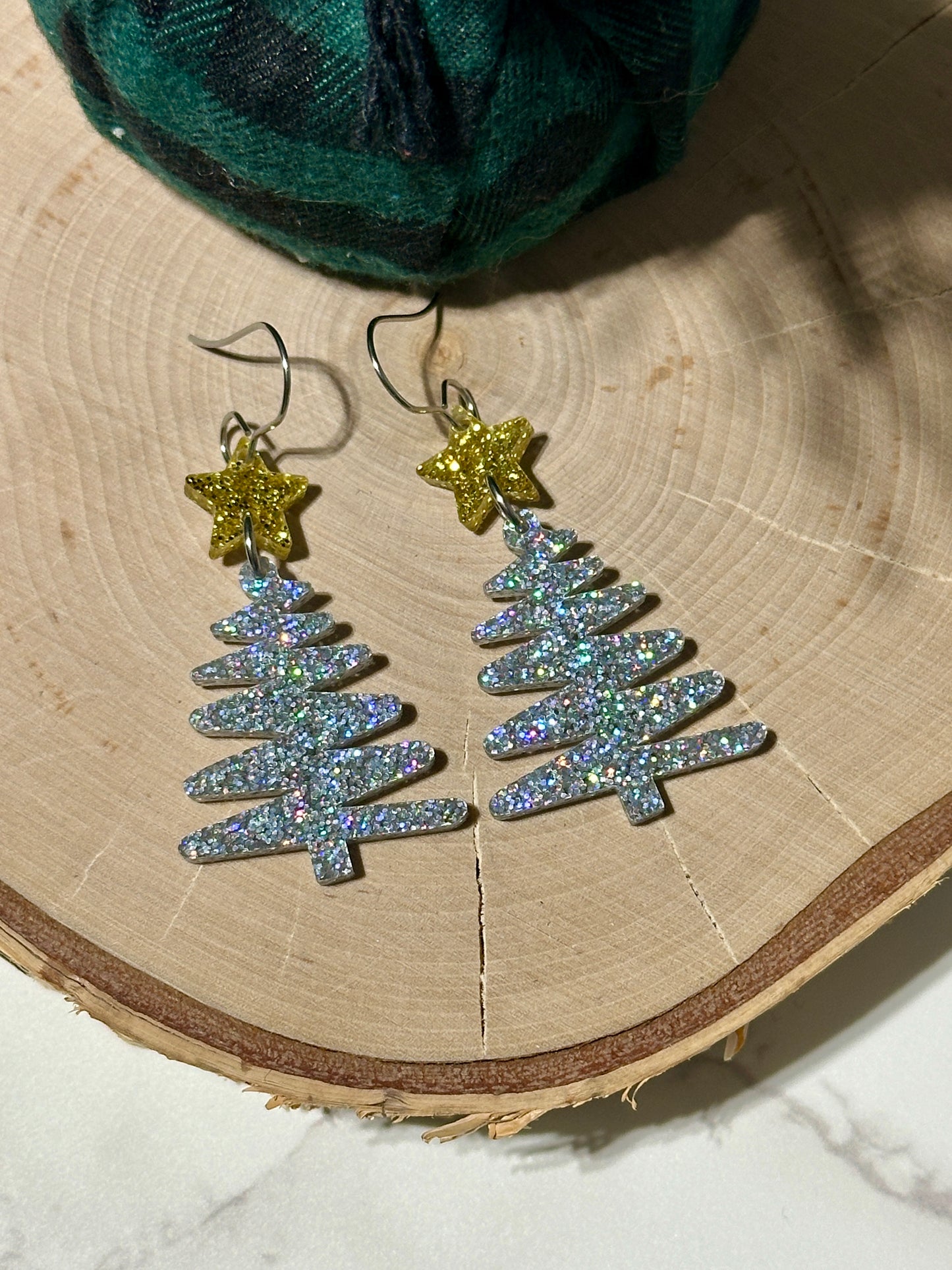 Squiggly 1.25” Tree and Star Earrings - Silver Glitter