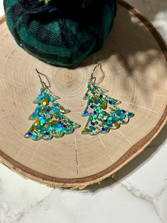 Green/Gold Glitter Tree Earrings