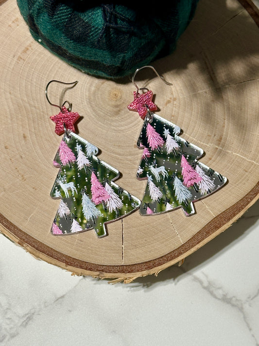 Pink Mirrored Trees with Star Earrings