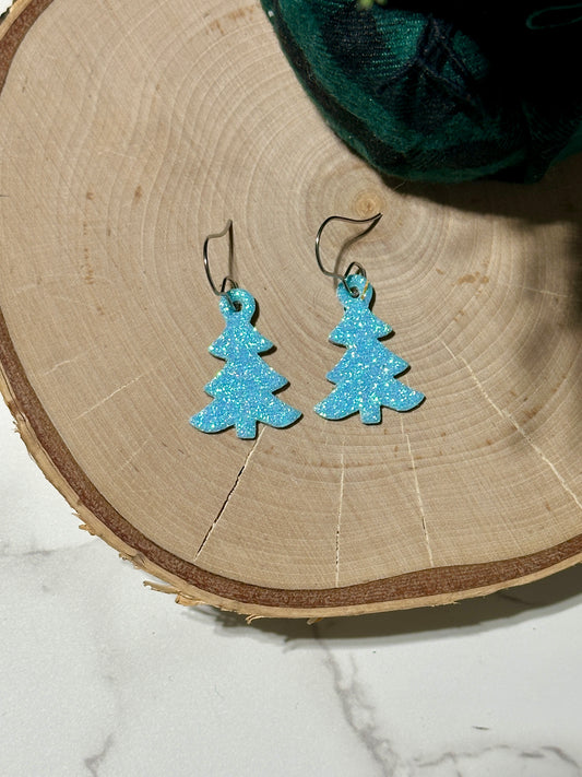Mini Tree Earrings - Light Blue Glitter