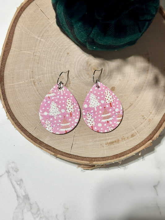 Small Teardrop Earrings - Pink Christmas Trees
