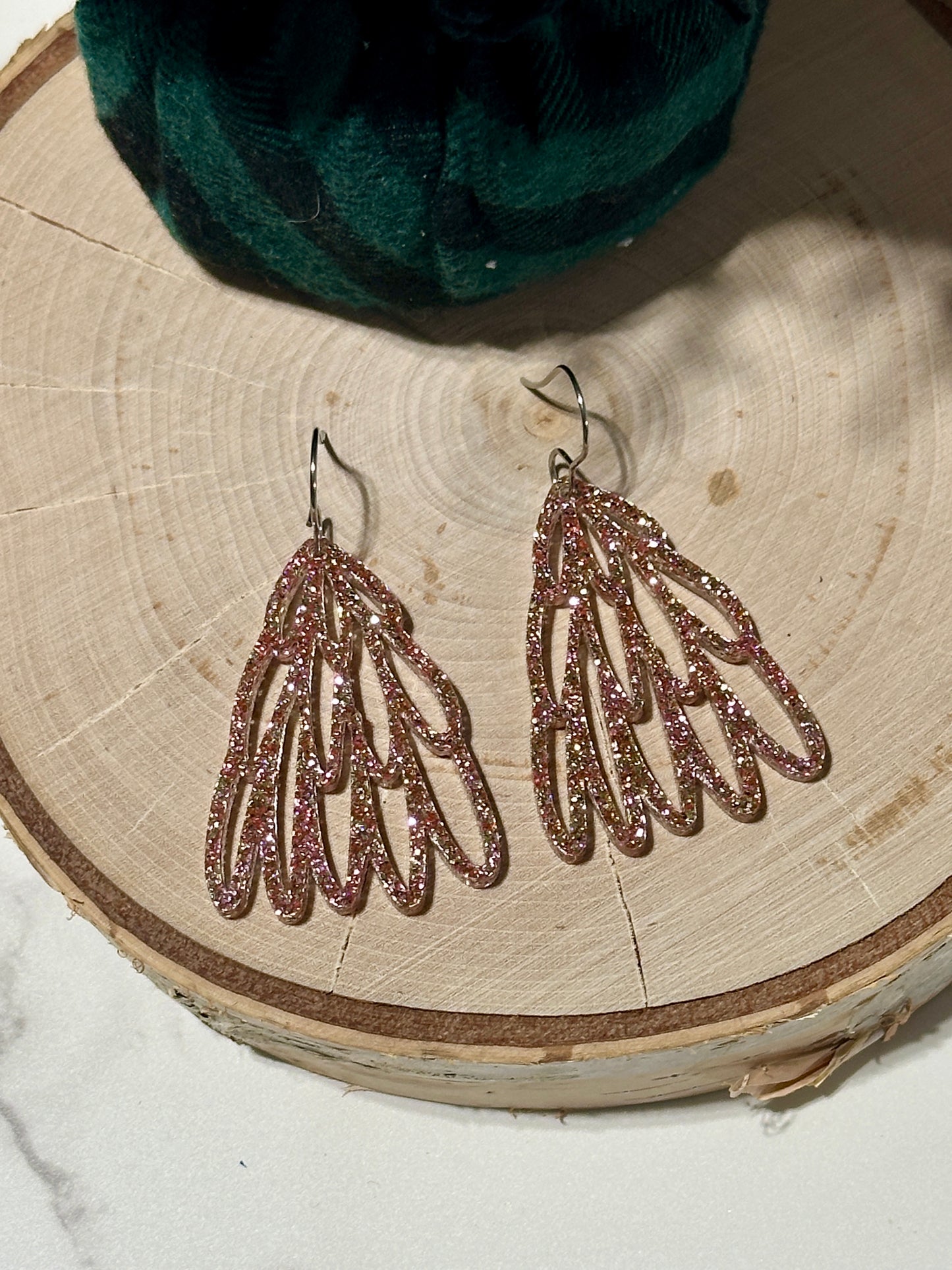 Rose Gold Glitter Hand Drawn Tree Earrings