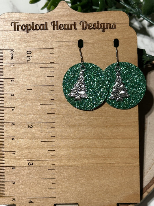 Silver Tree/Green Glitter Circle Earrings
