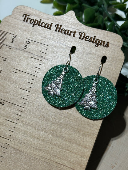 Silver Tree/Green Glitter Circle Earrings