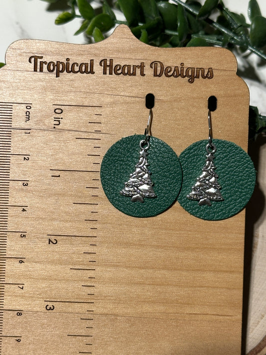 Silver Tree/Green Circle Earrings