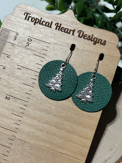 Silver Tree/Green Circle Earrings