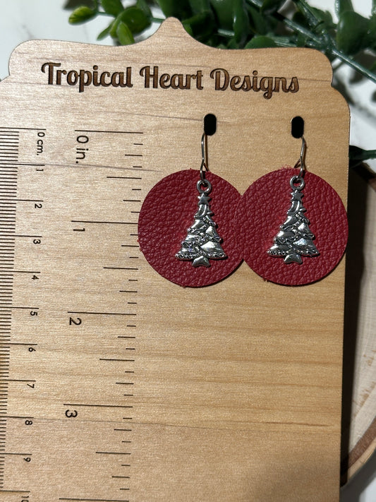 Silver Tree/Red Circle Earrings