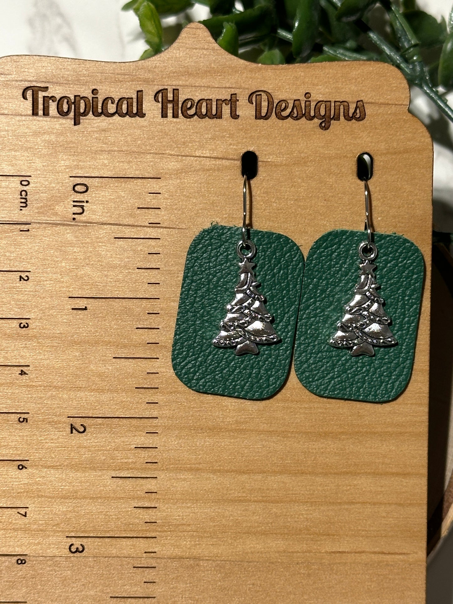 Silver Tree/Green Rectangle Earrings