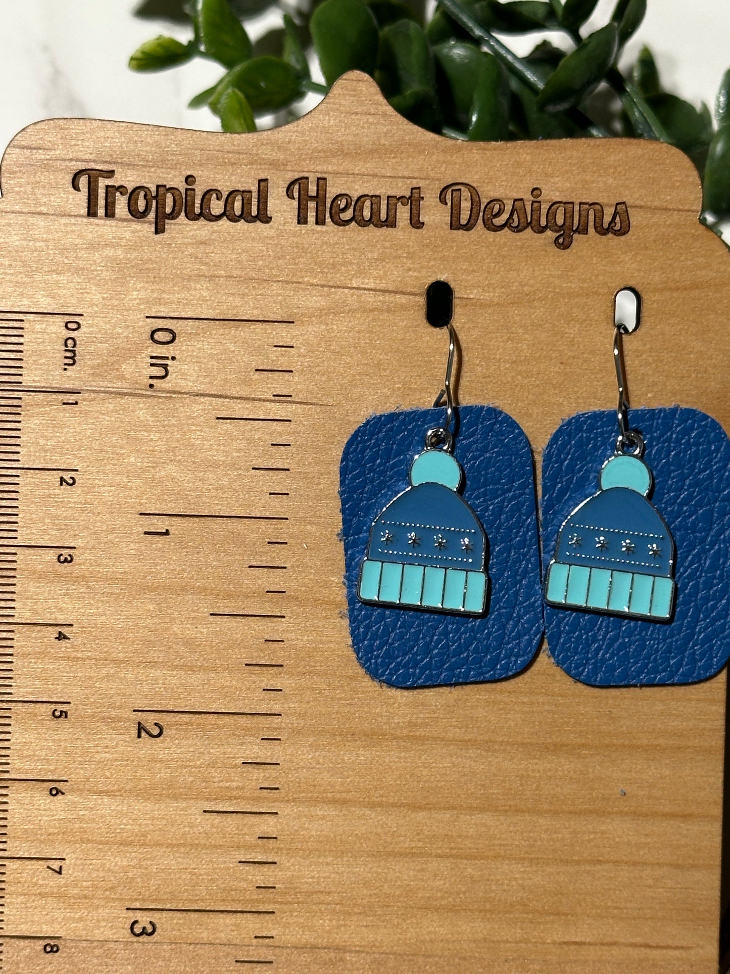 Winter Hat/Blue Rectangle Earrings