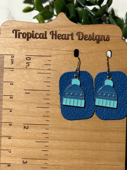 Winter Hat/Blue Rectangle Earrings