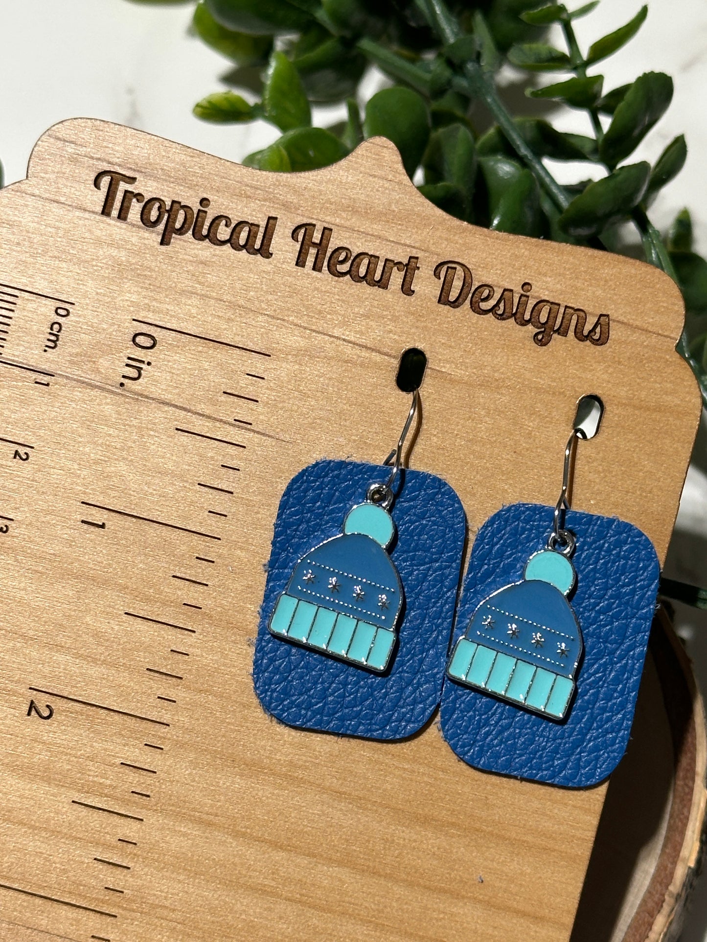 Winter Hat/Blue Rectangle Earrings