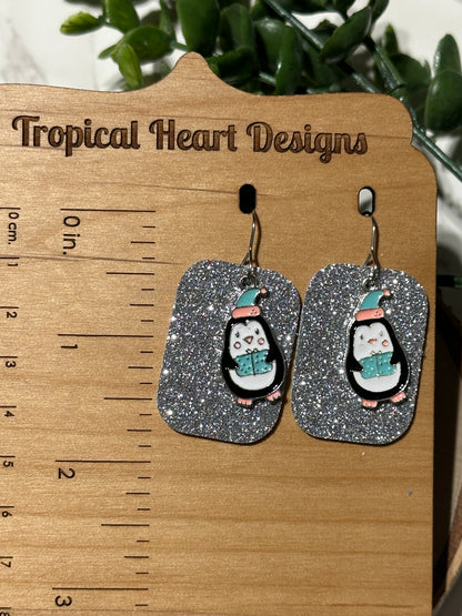 Penguin Gift/Silver Glitter Rectangle Earrings