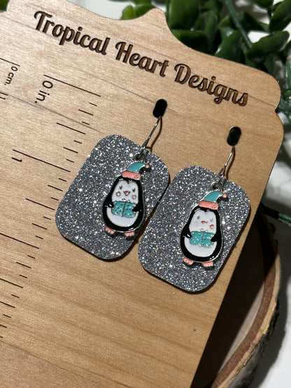 Penguin Gift/Silver Glitter Rectangle Earrings